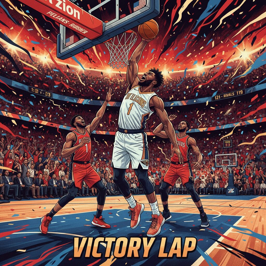 ニューオーリンズ・ペリカンズのザイオン・ウィリアムソンがダンクシュートを決める瞬間。連敗脱出の喜びを表現した躍動感あるイラスト。