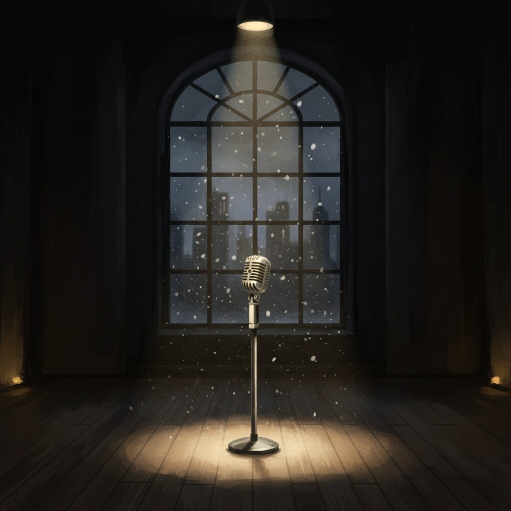クリスマスイブの深夜、ひっそりとしたステージにマイクが一本立つ情景。窓の外には雪が降る都会の夜景がぼんやりと見える。