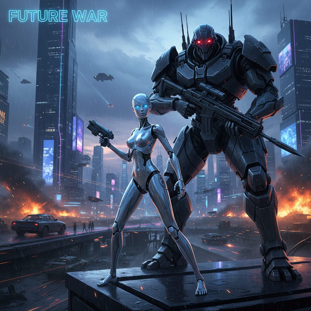 SFアクションスリラー『M3GAN 2.0』のメインビジュアル。主人公ミーガンと新たな軍事AIアメリアが対峙する、未来的な都市の背景。