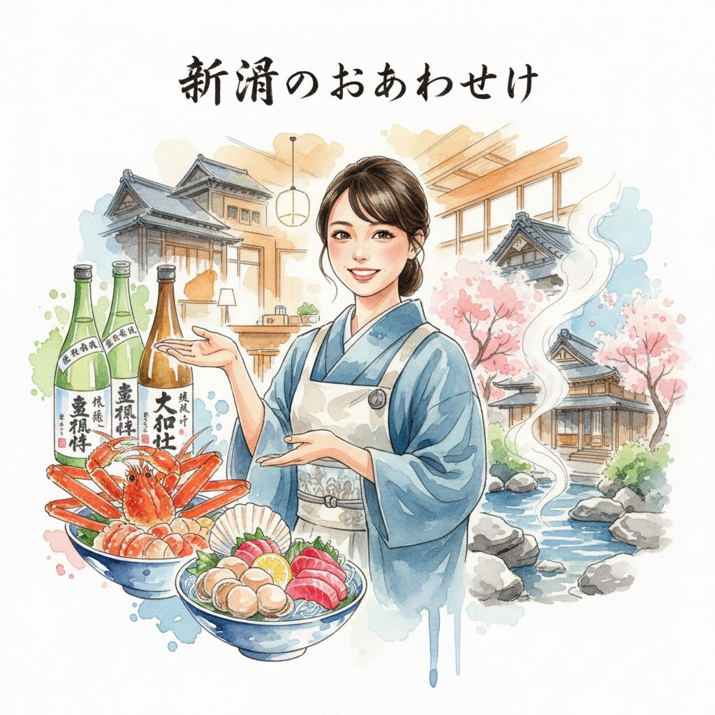 笑顔で迎える新潟の若女将と、串揚げや日本酒、温泉といった新潟らしい要素のイラスト