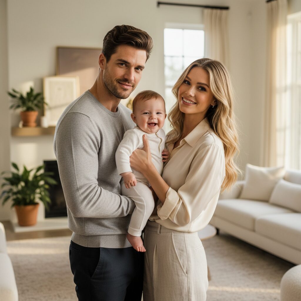 松田龍平さんとモーガン茉愛羅さん、息子さんの3人家族が穏やかに微笑む様子。