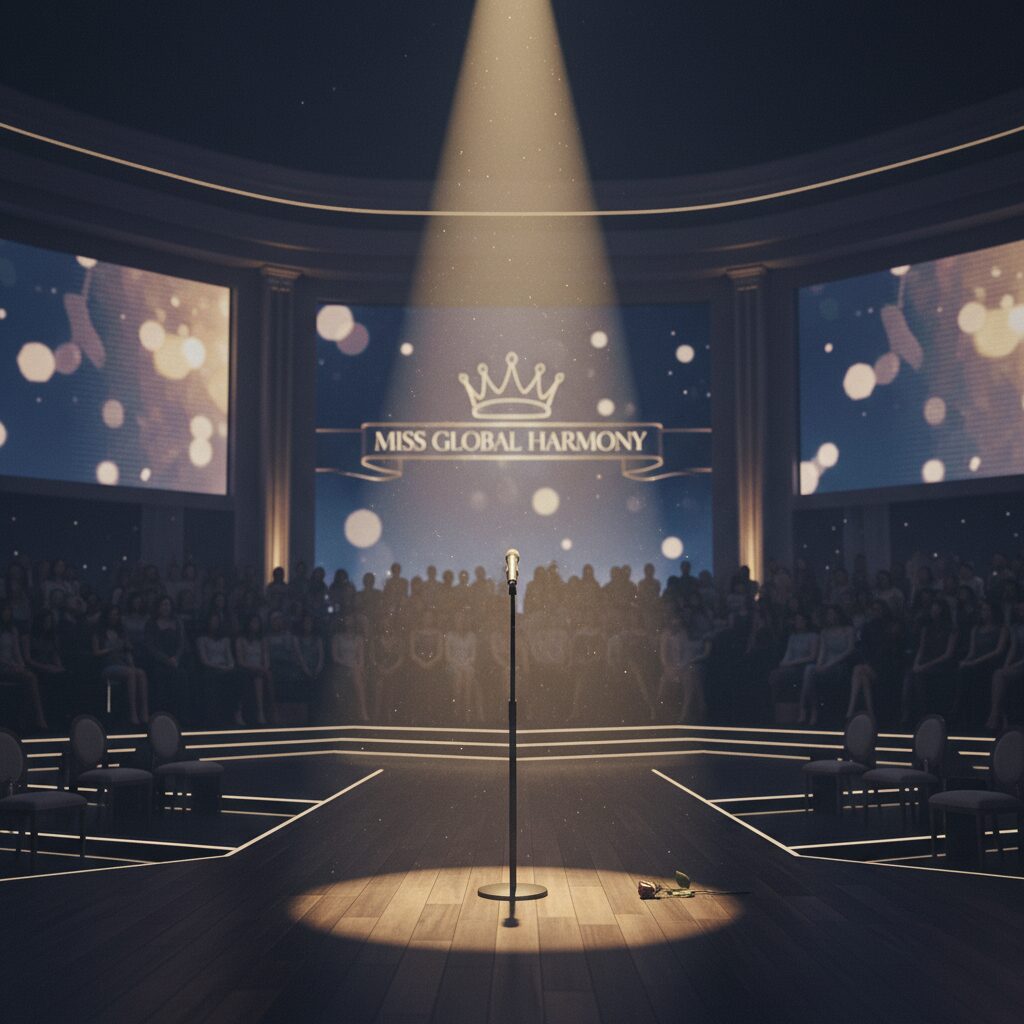 ミス・ユニバースの舞台上で緊張感のある雰囲気と空のマイクロフォンスタンドが描かれた画像