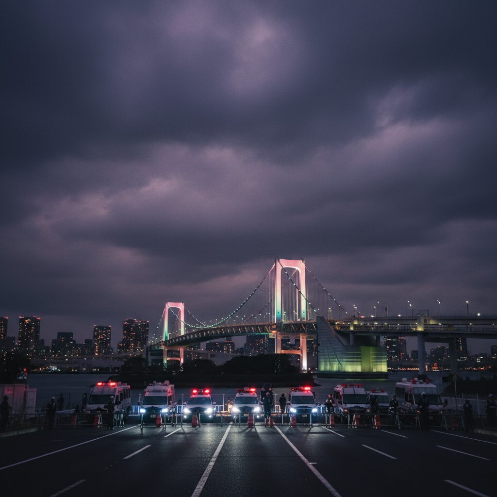 レインボーブリッジが封鎖され、警察車両が並ぶ緊迫した夜景。