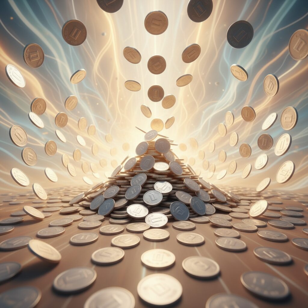 たくさんの1円玉が集まって大きな山を形成しているイメージ