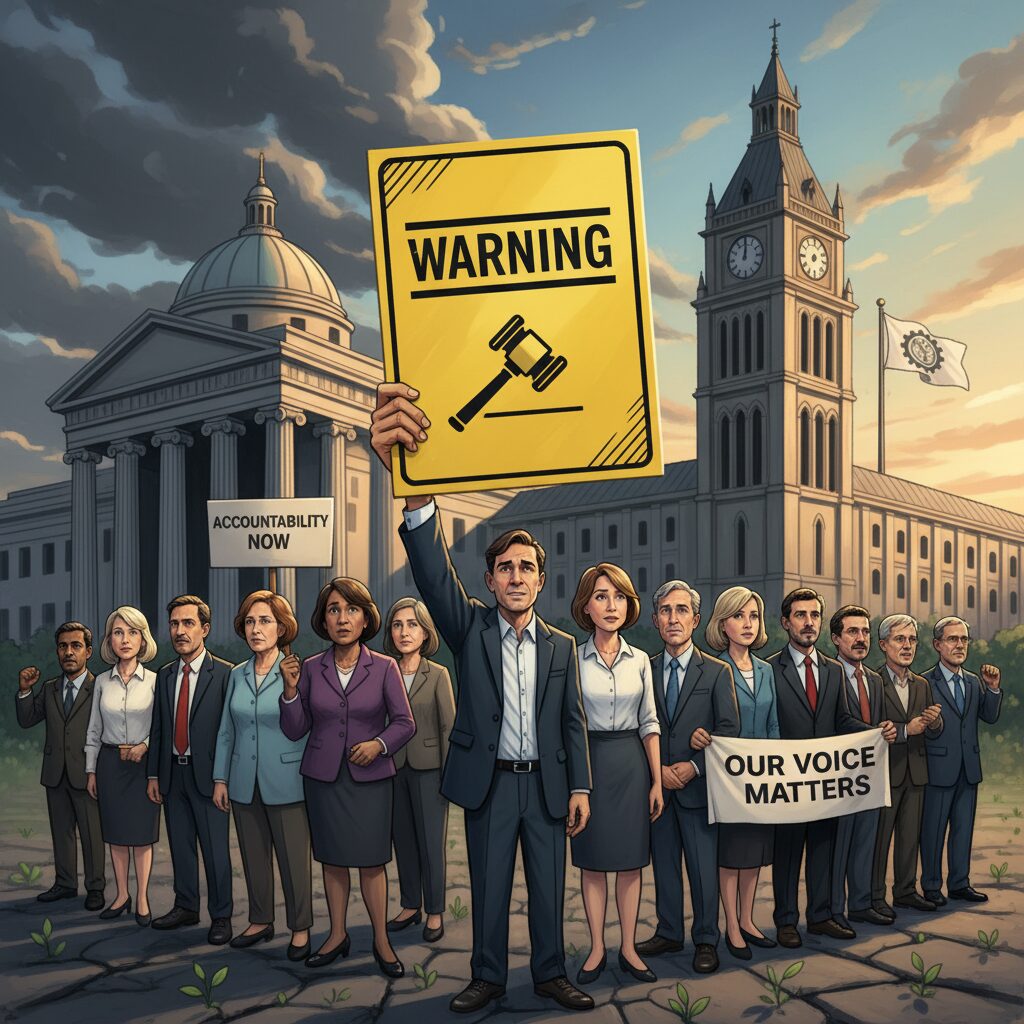 裁判所と国会議事堂の前でイエローカードが示され、多くの国民が関心を持って見つめている様子。