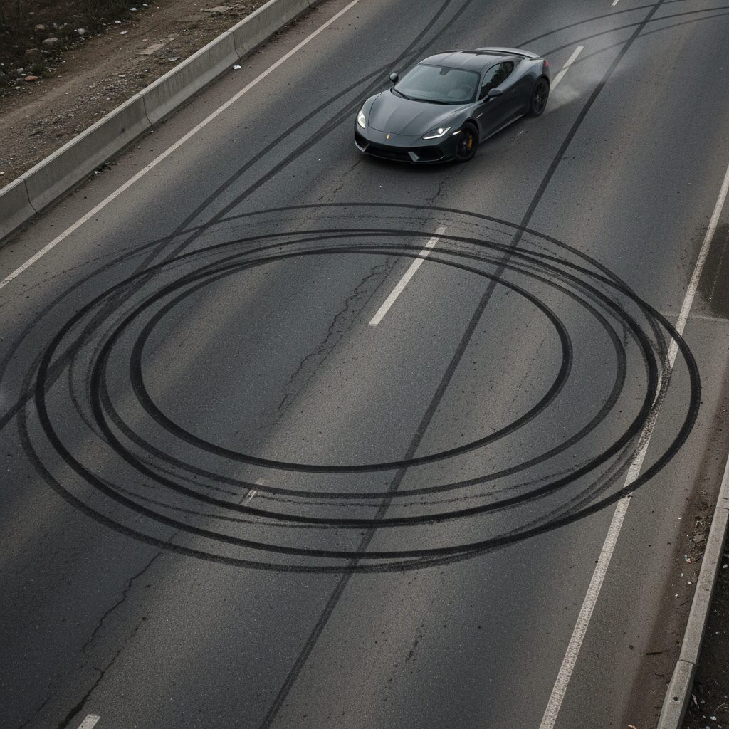 急ブレーキで路面に残る長いブレーキ痕と、現代車のABS作動によるタイヤ痕の違いを示すイメージ
