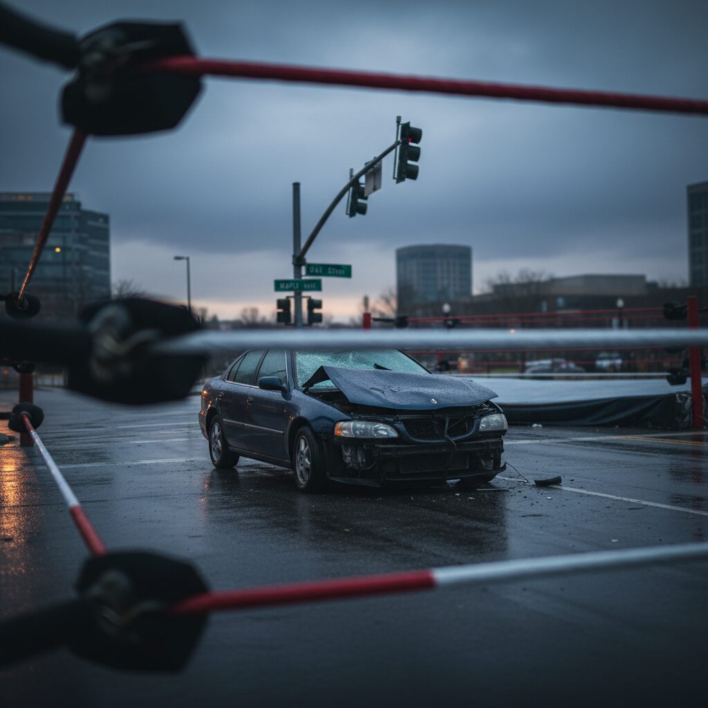 交差点で衝突した車の残骸と、ぼやけたプロレスのリングロープが写る、深刻な雰囲気の画像。