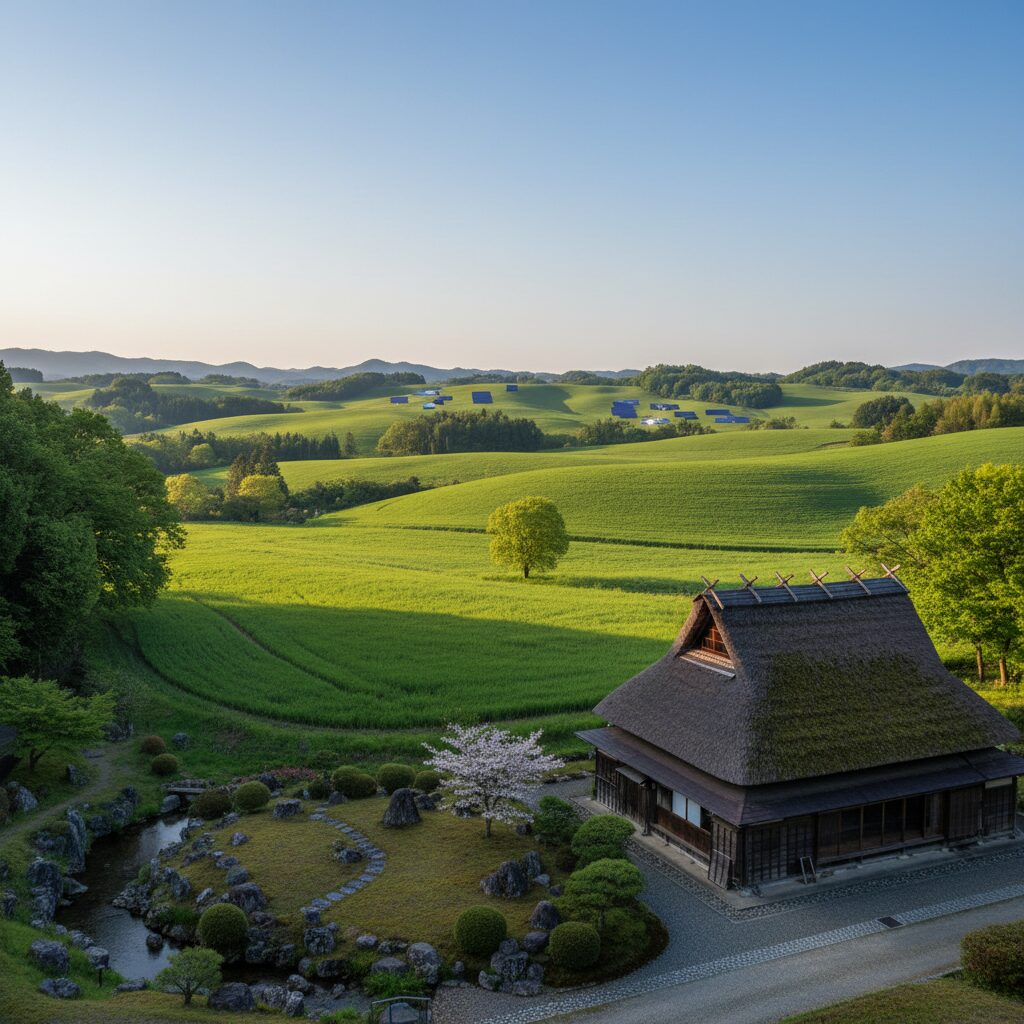 福島県の里山と遠景に広がる太陽光パネル、国分太一氏の騒動を象徴する風景