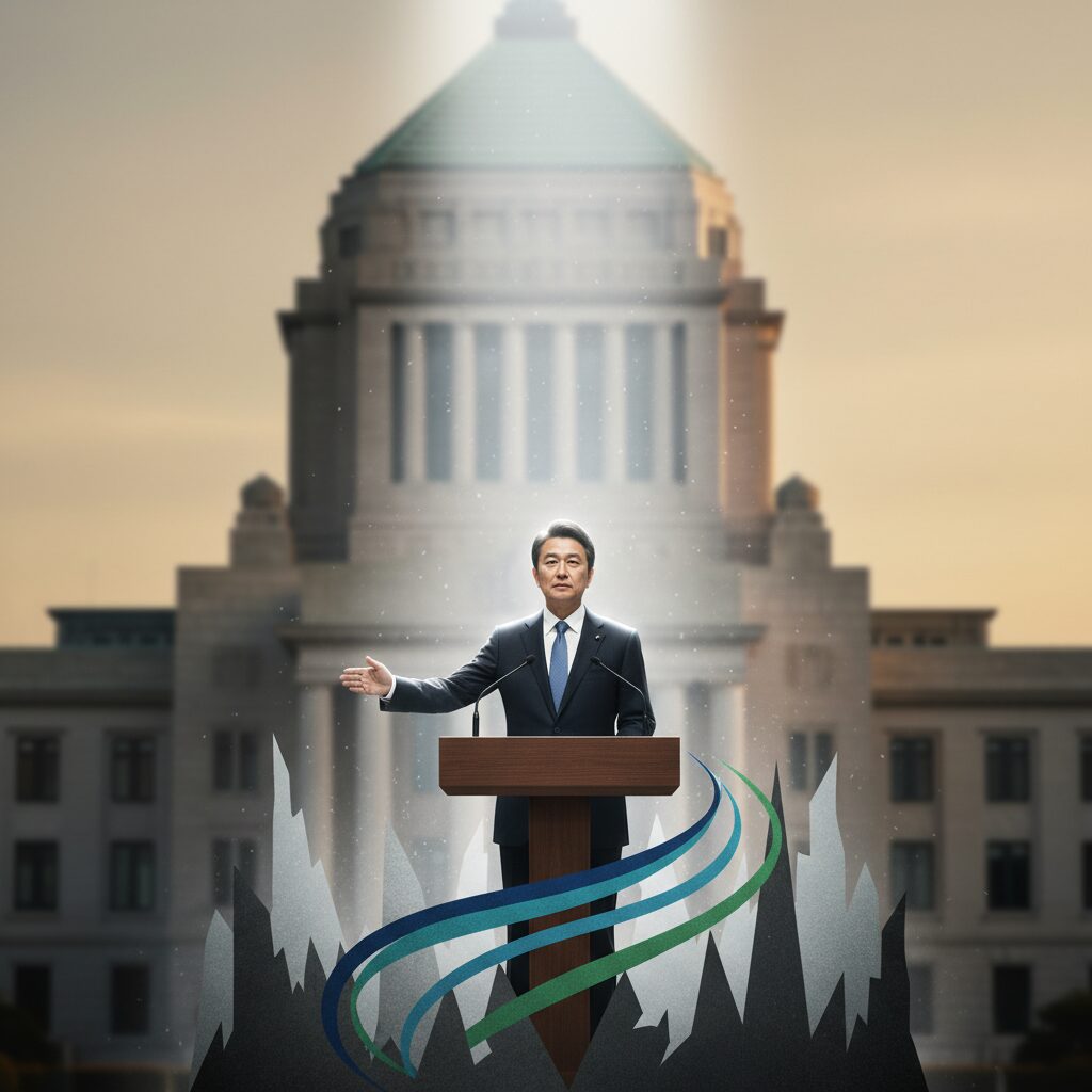 日本の国会議事堂を背景に演説する政治家のシルエット、希望に満ちた夜明けの光