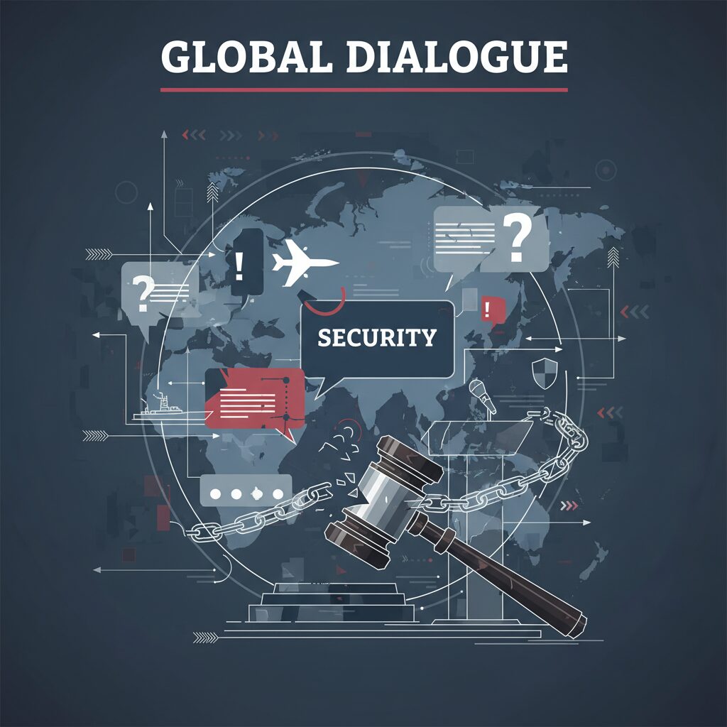 存立危機事態の概念を示す抽象的なイラスト。東アジアの地図と政治的な議論の要素が描かれている。