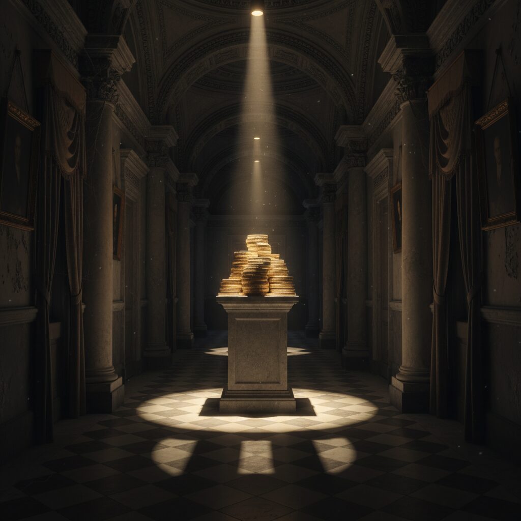 造幣局の薄暗い廊下でコインの山がスポットライトに照らされている不穏な雰囲気の画像
