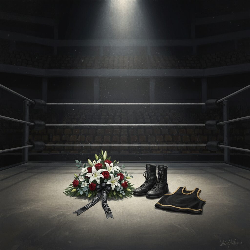 長尾一大心選手を追悼する全日本プロレスのリングと献花台