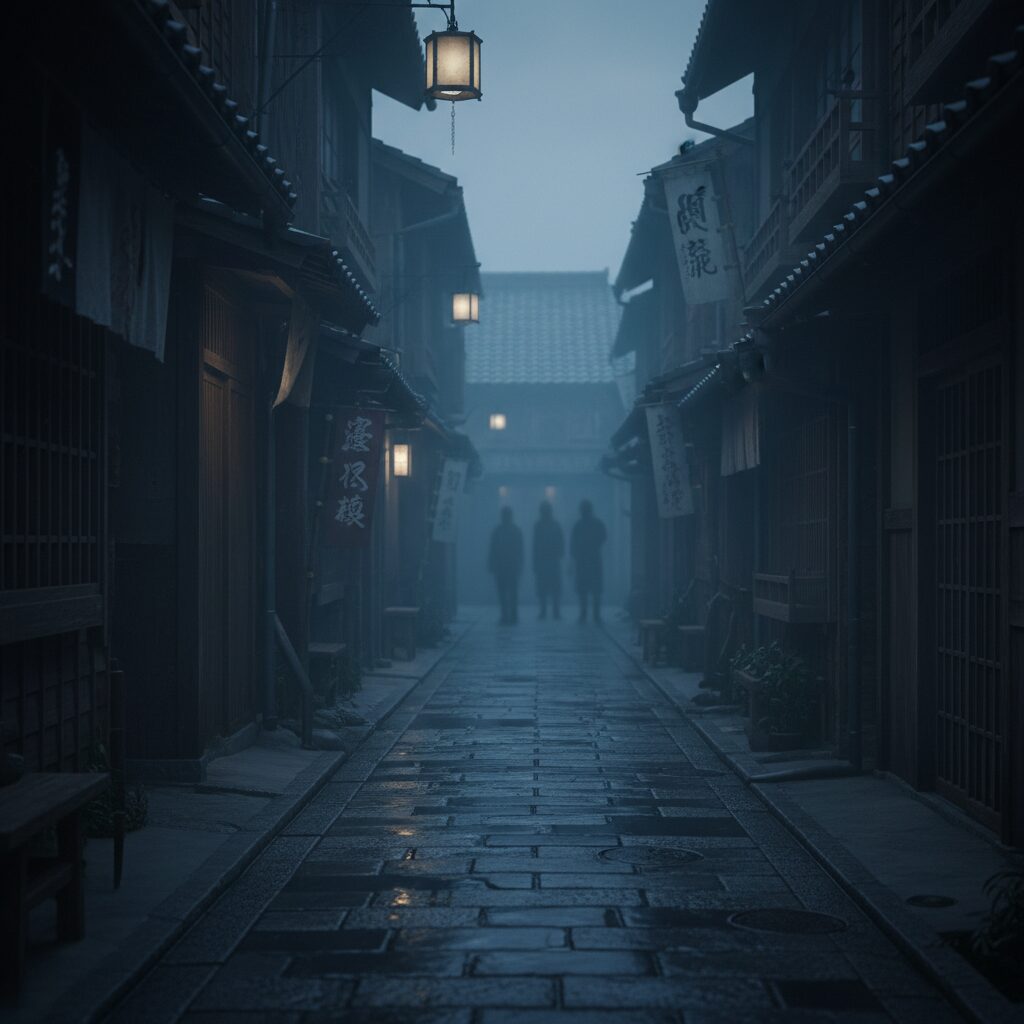 薄暗い路地の奥に浮かび上がる人影と、緊張感漂う日本の古都の風景。