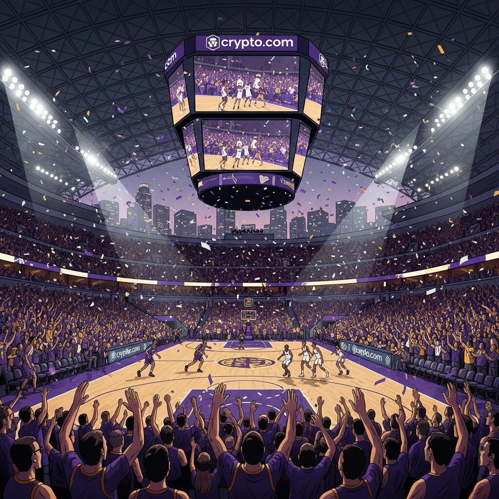 ロサンゼルス Crypto.com Arenaでのレイカーズ試合中に盛り上がる観客とアリーナ内部。