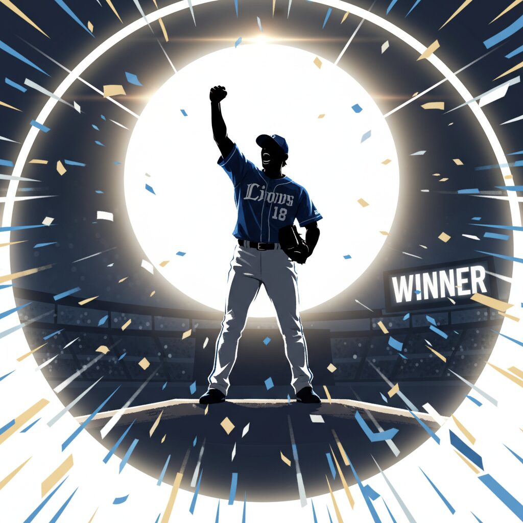 埼玉西武ライオンズの武内夏暉投手が新人王のトロフィーを掲げている画像