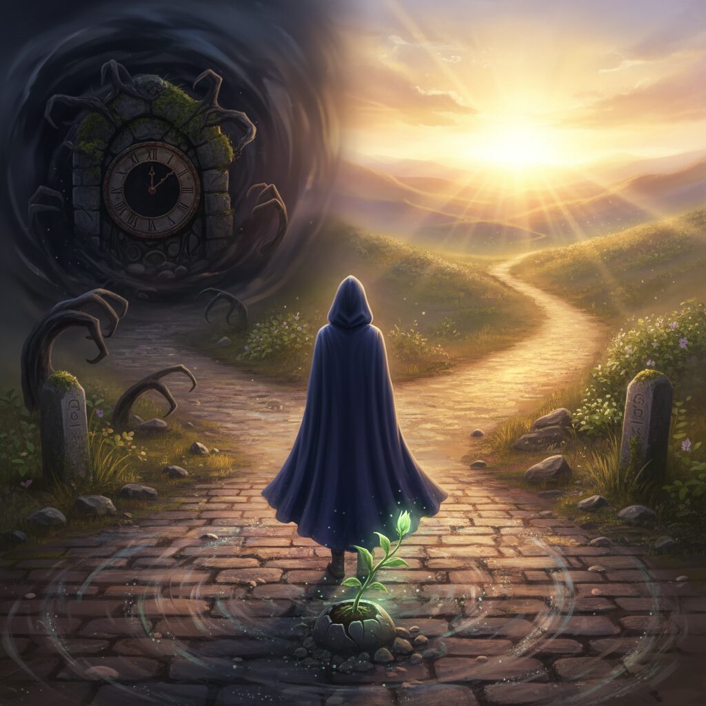 交差点に立つ人物が暗い道と明るい道を見つめているイラスト。人生の選択と再生を象徴する。