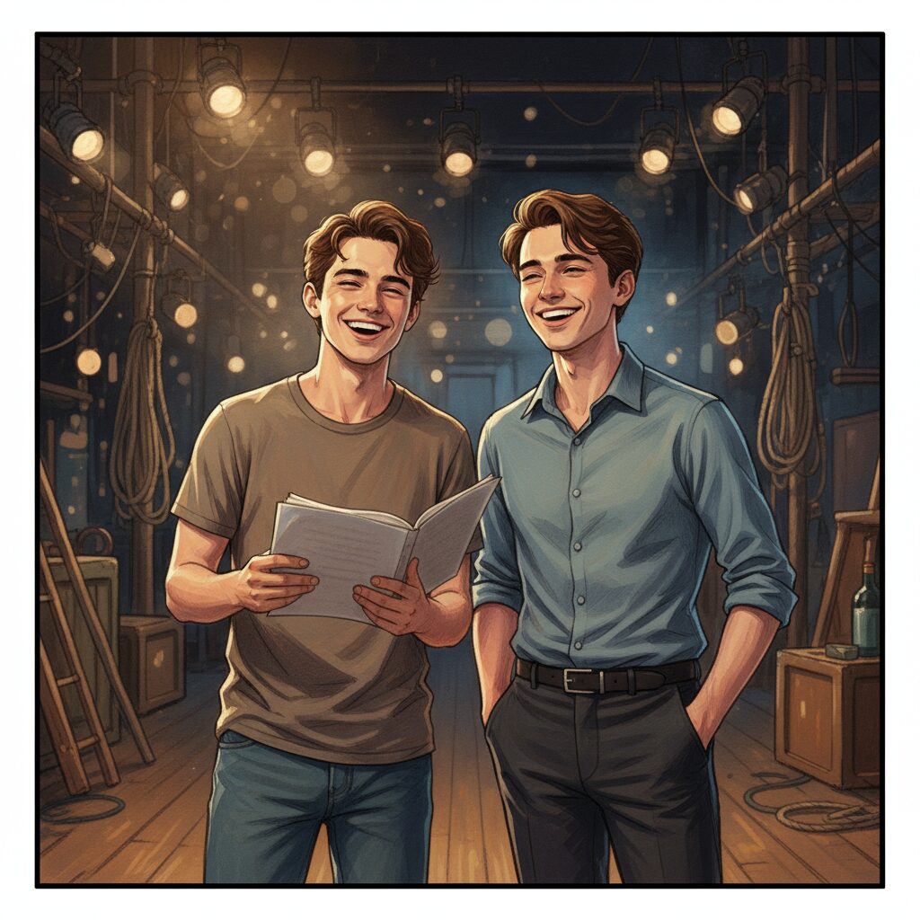 俳優の佳久創さんとその双子の兄・佳久耀さんが、ドラマ『もしもこの世が舞台なら、楽屋はどこにあるのだろう』で共演した際の仲睦まじい様子を捉えたアイキャッチ画像。二人が瓜二つであることがわかる。