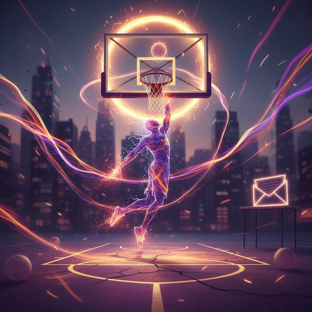 バスケットボールコートでプレイする選手のシルエット。光が輝き、躍動感のあるシーン。