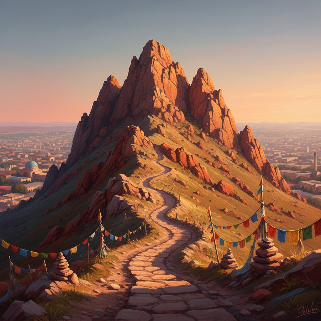 キルギス、オシ市を見下ろす五つの峰を持つ聖なる山スレイマン・トーの夕暮れの風景。山腹には小さな祈りの布が結ばれている。