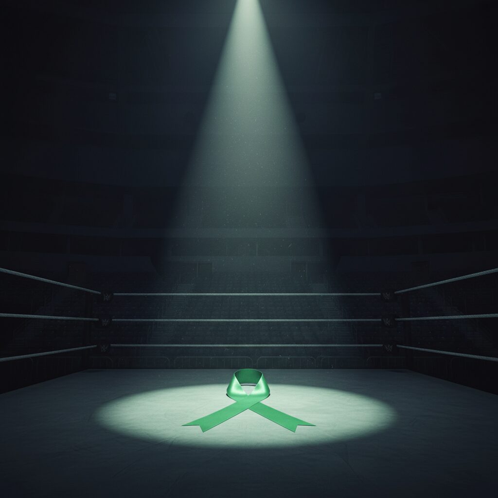 緑色のリボンが添えられたプロレスリングの追悼イメージ