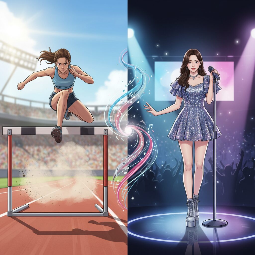 陸上競技のトラックでハードルを跳ぶ女性と、ステージで歌う女性の姿が融合したアイキャッチ画像