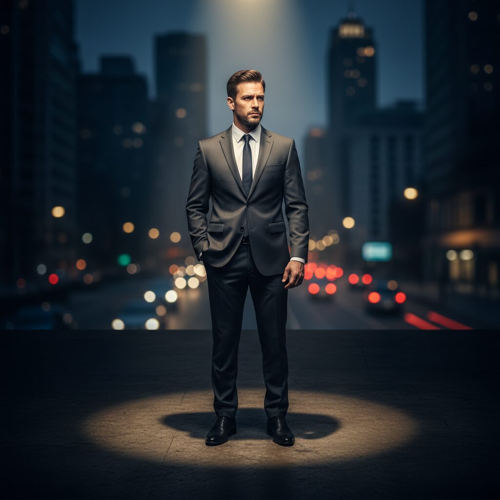 複雑な表情で佇む吉村界人をイメージした人物。