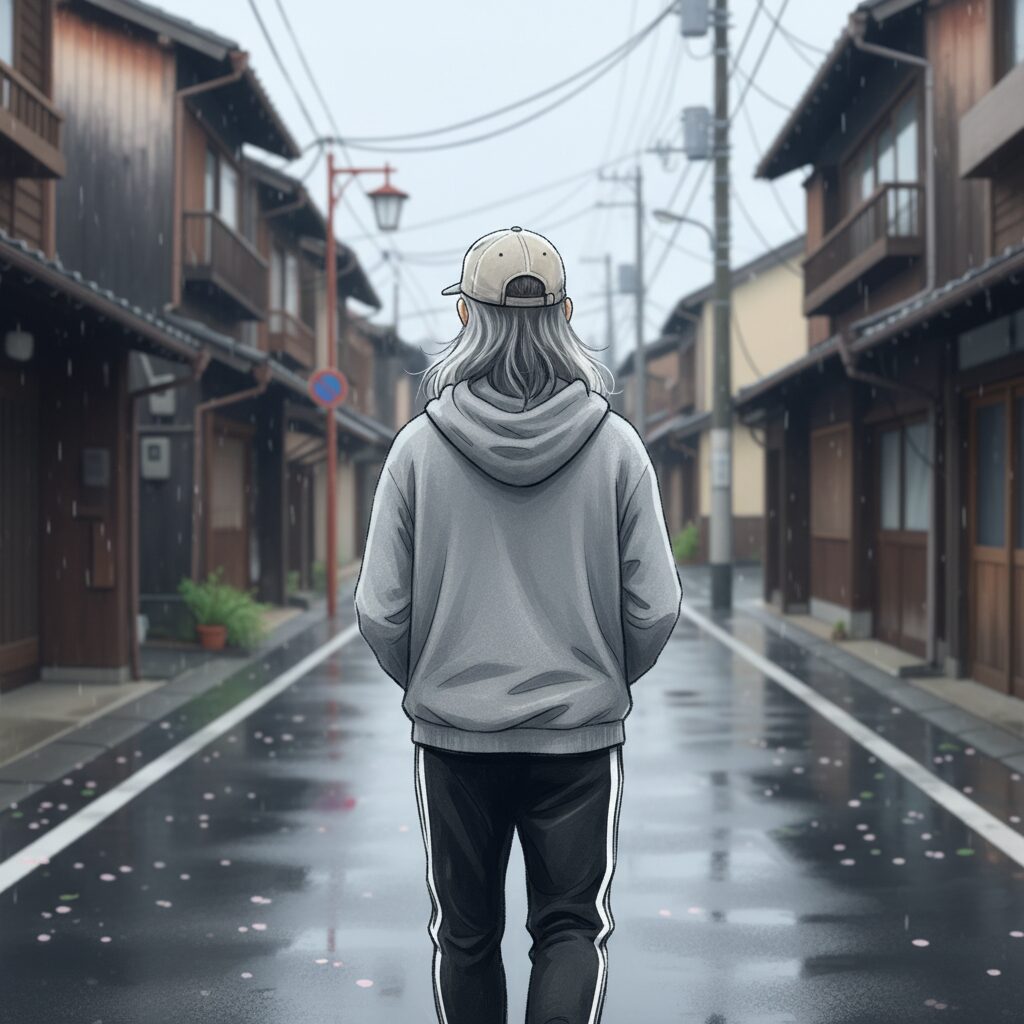 キャップから覗く白髪混じりのロン毛姿の中居正広さんの後ろ姿