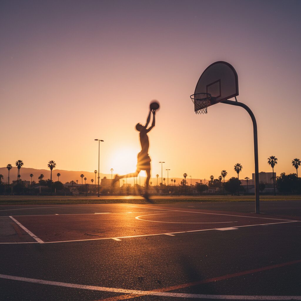 夕焼けのバスケットボールコートで躍動するアスリートの姿