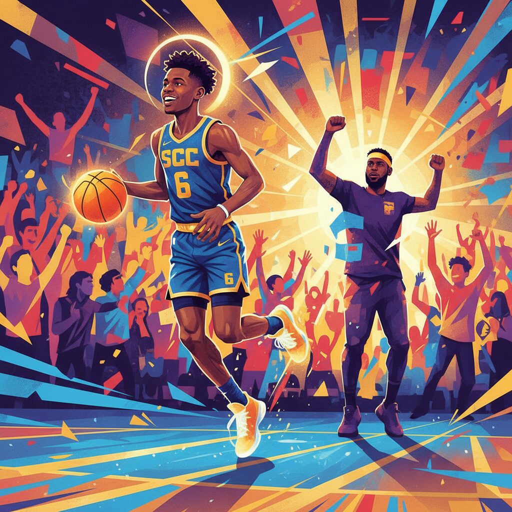 心肺停止から復活し、父レブロン・ジェームズとのNBA親子共演を果たすブロニー・ジェームズの感動的なイラスト。