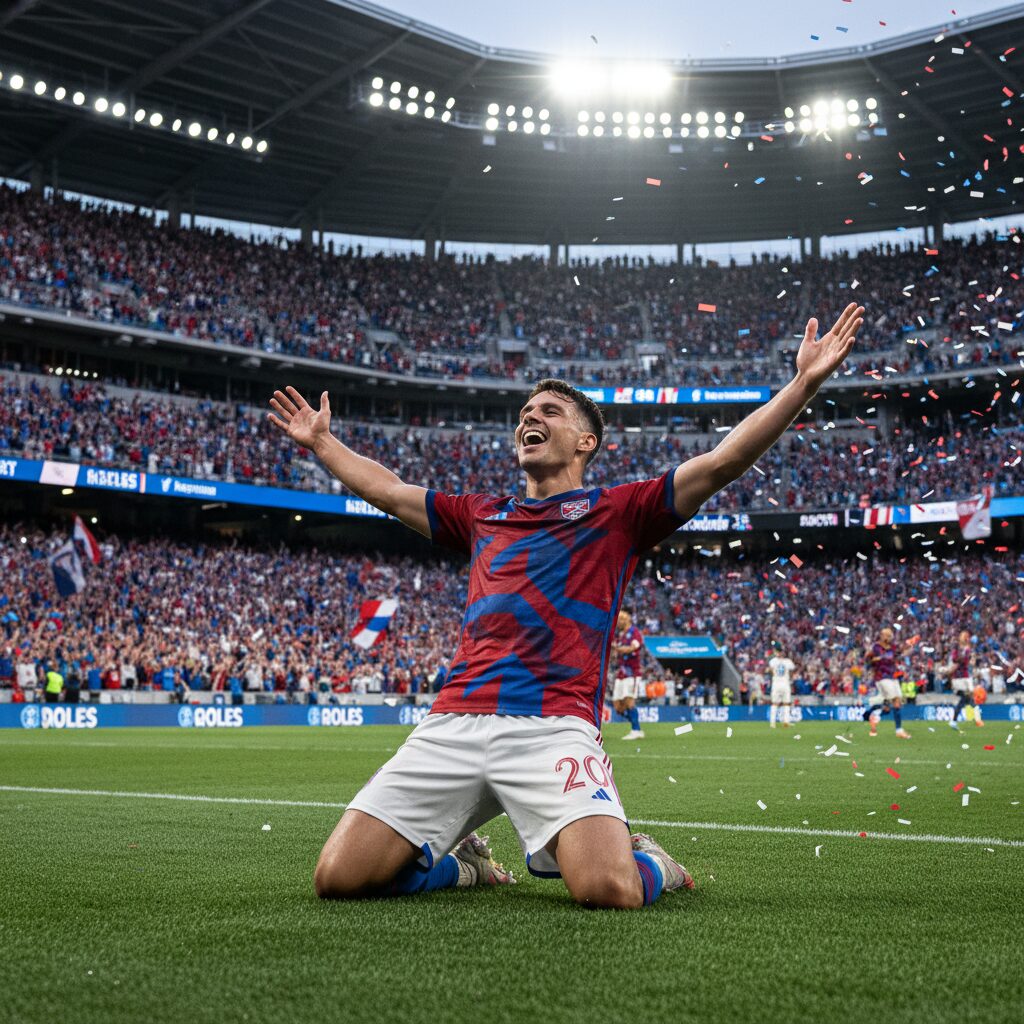 サッカー選手がスタジアムでゴールを祝う様子