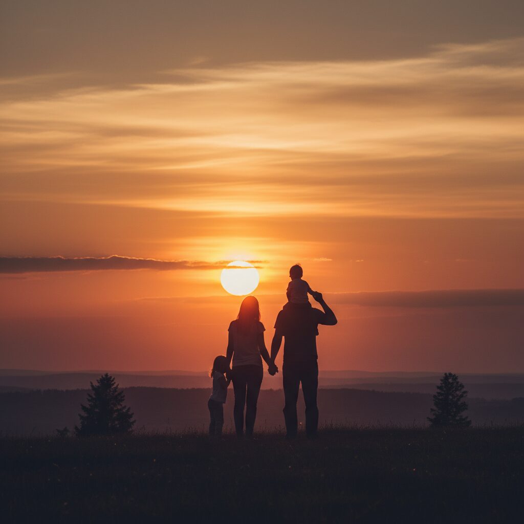 夕日を背景に手をつなぐ家族のシルエット。温かい絆と支え合いを表現