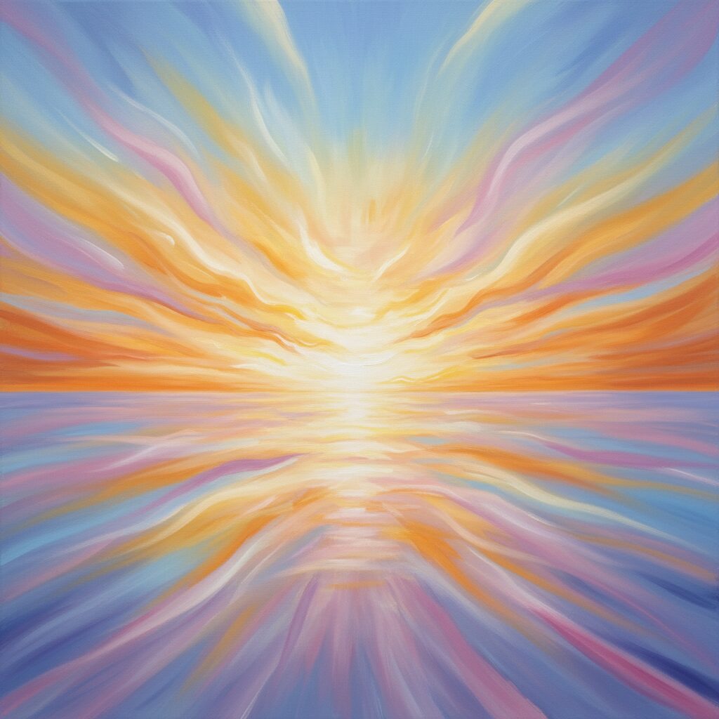 明るい色彩で描かれた、解放感と新しい視界を感じさせる抽象画。金原ひとみ氏の離婚後の心境を象徴。