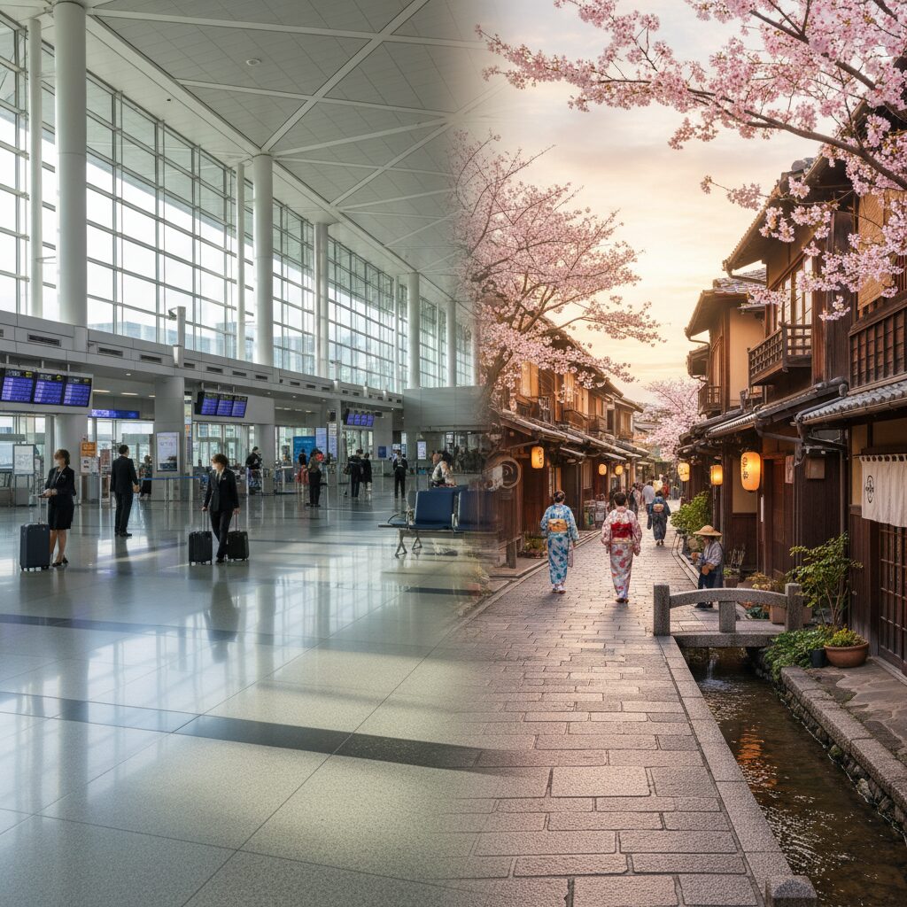 中国からの渡航自粛による日中航空便の減便と、日本の観光地への影響を表す画像