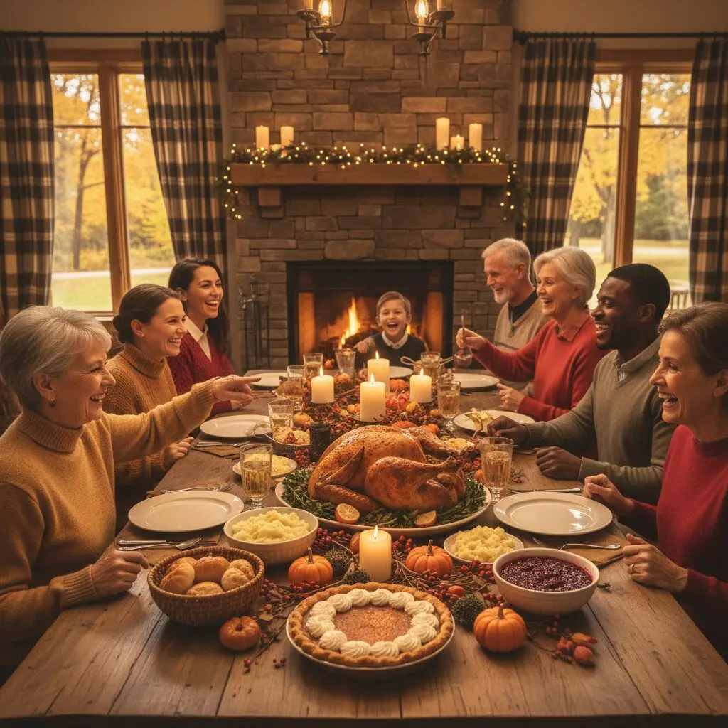 ローストターキーやパンプキンパイが並ぶ、サンクスギビングデーの賑やかな食卓の様子