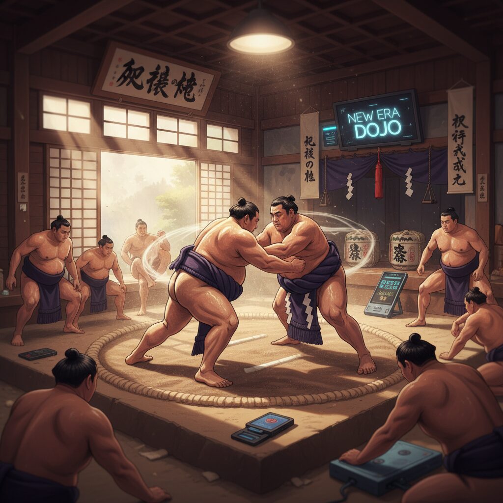 力士が稽古に励む相撲部屋の情景。伝統的な雰囲気の中に、未来への期待感が漂う。