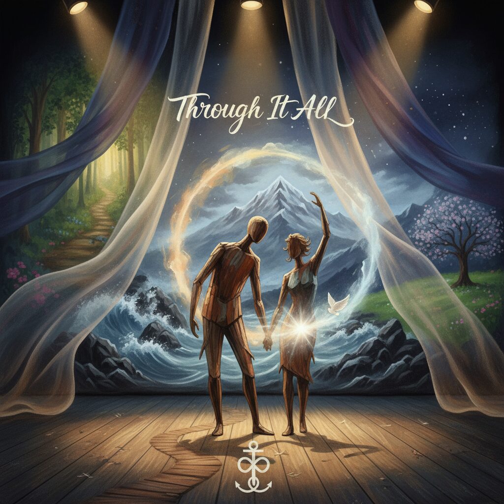 舞台上で寄り添う二人、光と影が織りなす夫婦の物語を象徴するイメージ