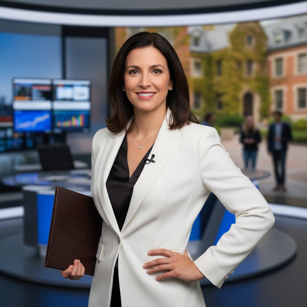 ジャーナリスト岩田明子氏が笑顔で立つ、背景には大学と報道機関のイメージ