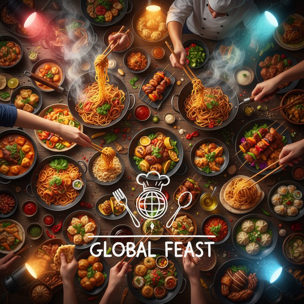 豪快な料理動画の制作風景、食欲をそそる食材、ASMR要素が伝わるようなビジュアル。