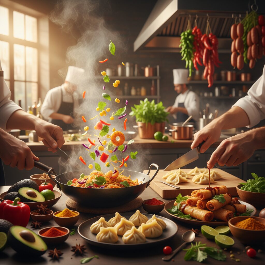 世界中で人気を集める料理動画クリエイター、バヤシさんの動画制作風景をイメージした画像