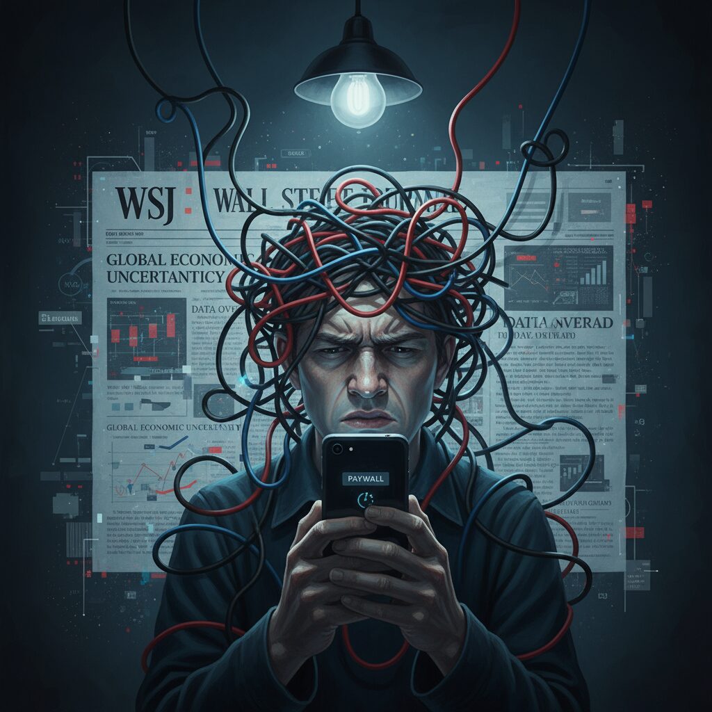 電話でウォールストリートジャーナルを解約しようと苦労している人のイラスト