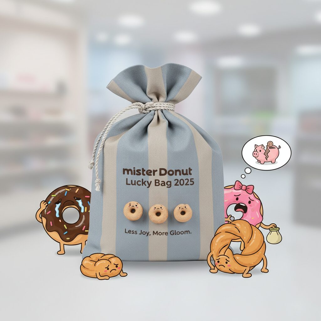 中身が減り、がっかりしているドーナツキャラクターが描かれたミスド福袋2025のイラスト