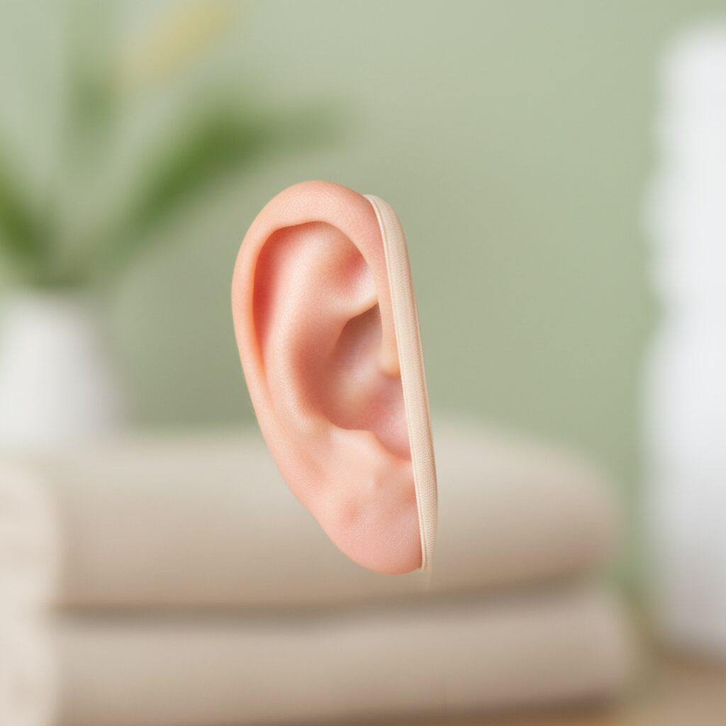 耳に輪ゴムをかけた女性の横顔