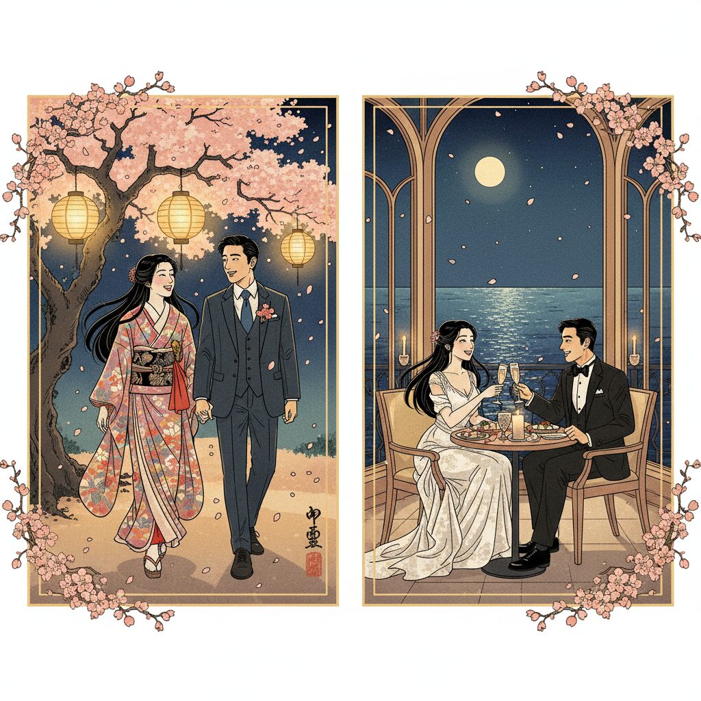 畑野ひろ子さんと鈴木啓太さんが夜桜の下で手をつなぎ、オーシャンビューのレストランで食事を楽しむ様子を描いたイラスト。