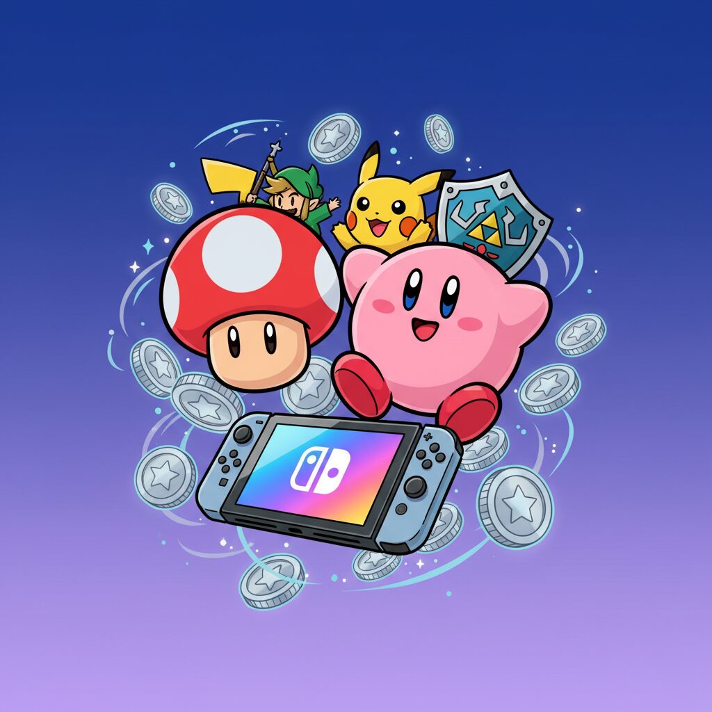 任天堂のプラチナポイントを様々なグッズやデジタルコンテンツに交換する様子を描いたイラスト。