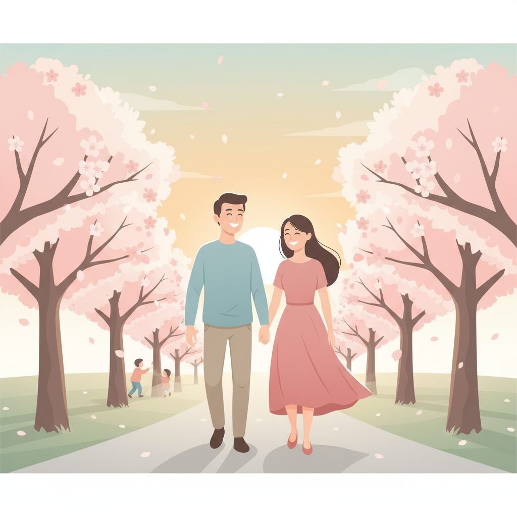 畑野ひろ子さんと鈴木啓太さんが桜の下で寄り添う夫婦の写真