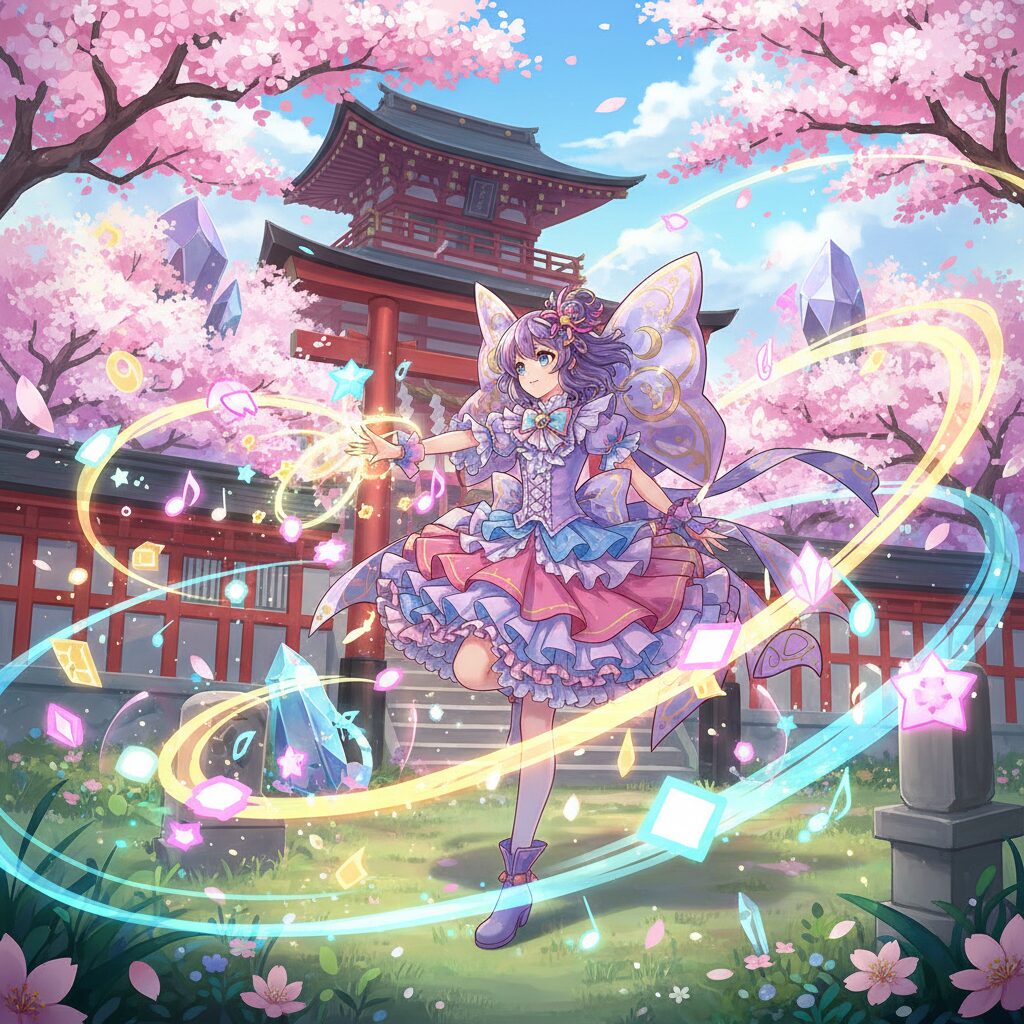 上海アリス幻樂団が手掛ける東方Projectの象徴的なキャラクターが弾幕と音楽に囲まれている幻想的なイラスト。