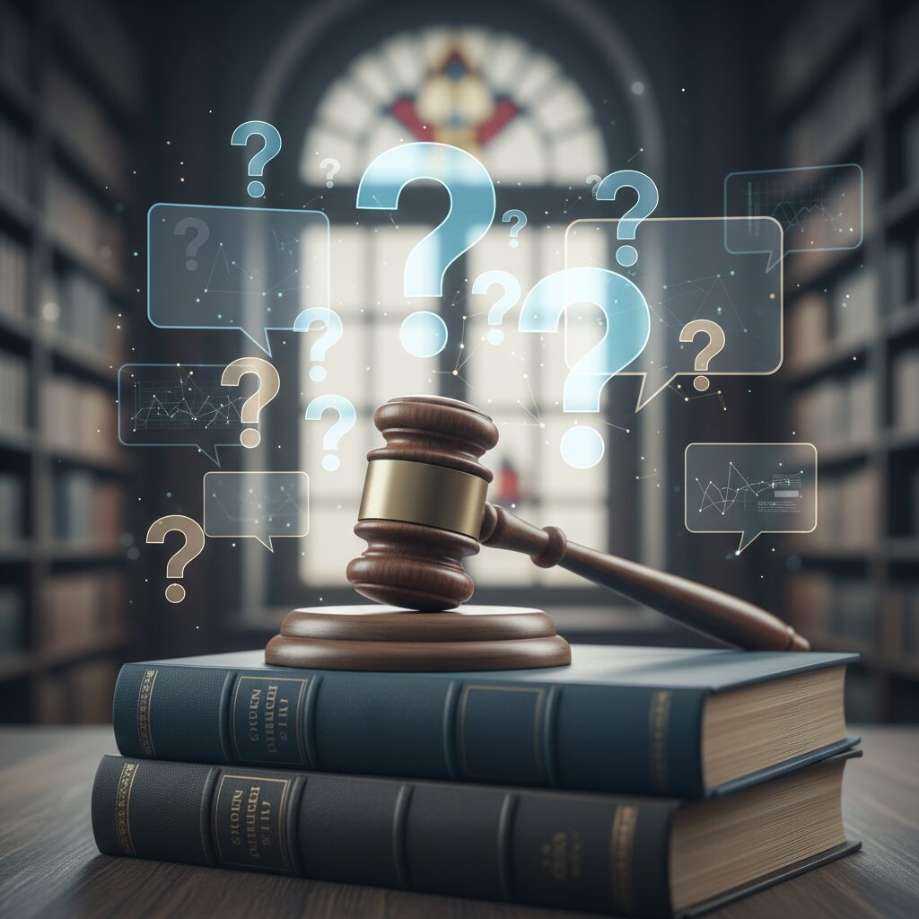 北村晴男弁護士の身長に関する情報がないことを示す抽象的なイメージ。法廷の要素と疑問符が混在している。