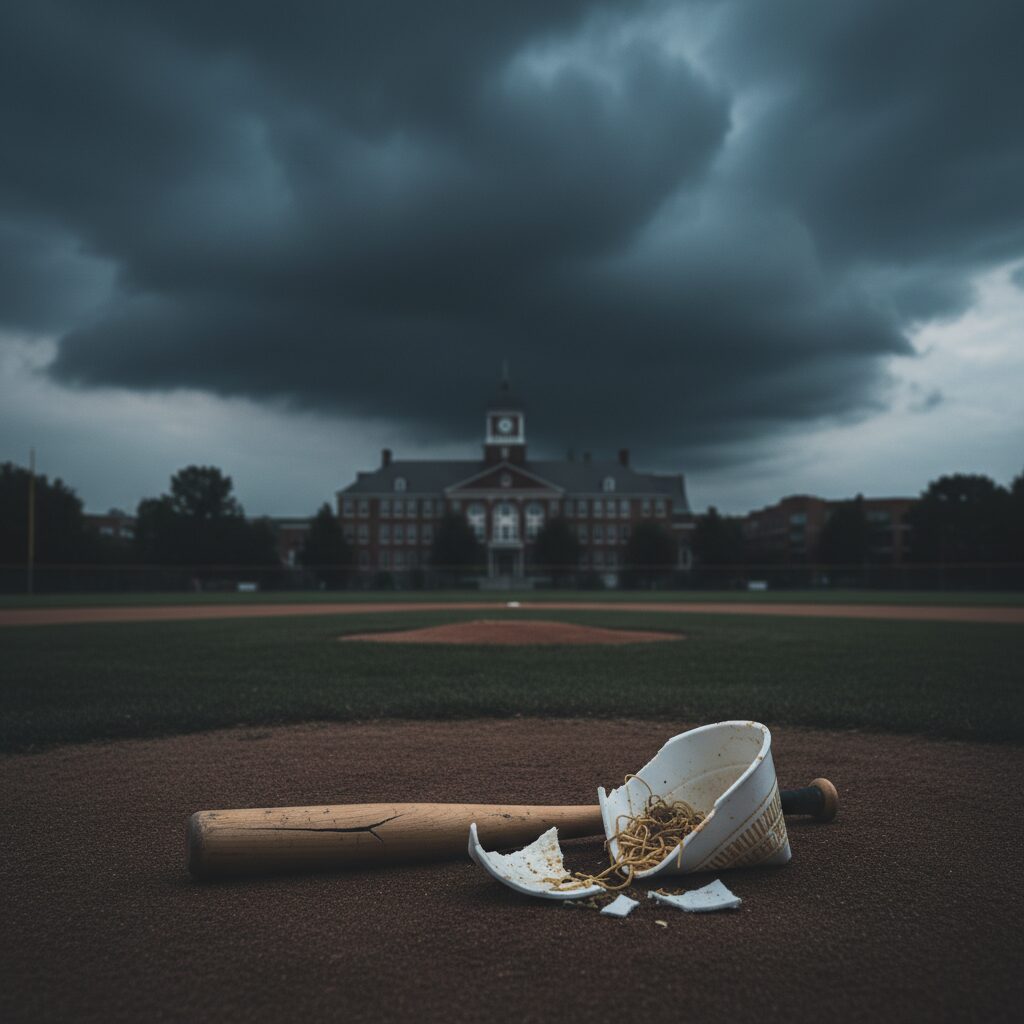 広陵高校野球部寮内で発生した暴力事案を象徴するイメージ。暗い雲が野球場にかかり、問題の深刻さを示す。