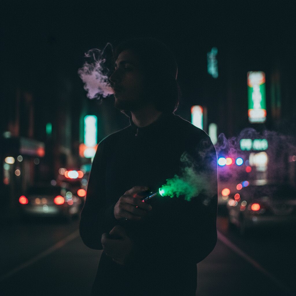 エトミデートを含む危険ドラッグ「ゾンビたばこ」の危険性を象徴するイラスト。若者が使用する電子たばこの陰に潜む恐怖を表す。