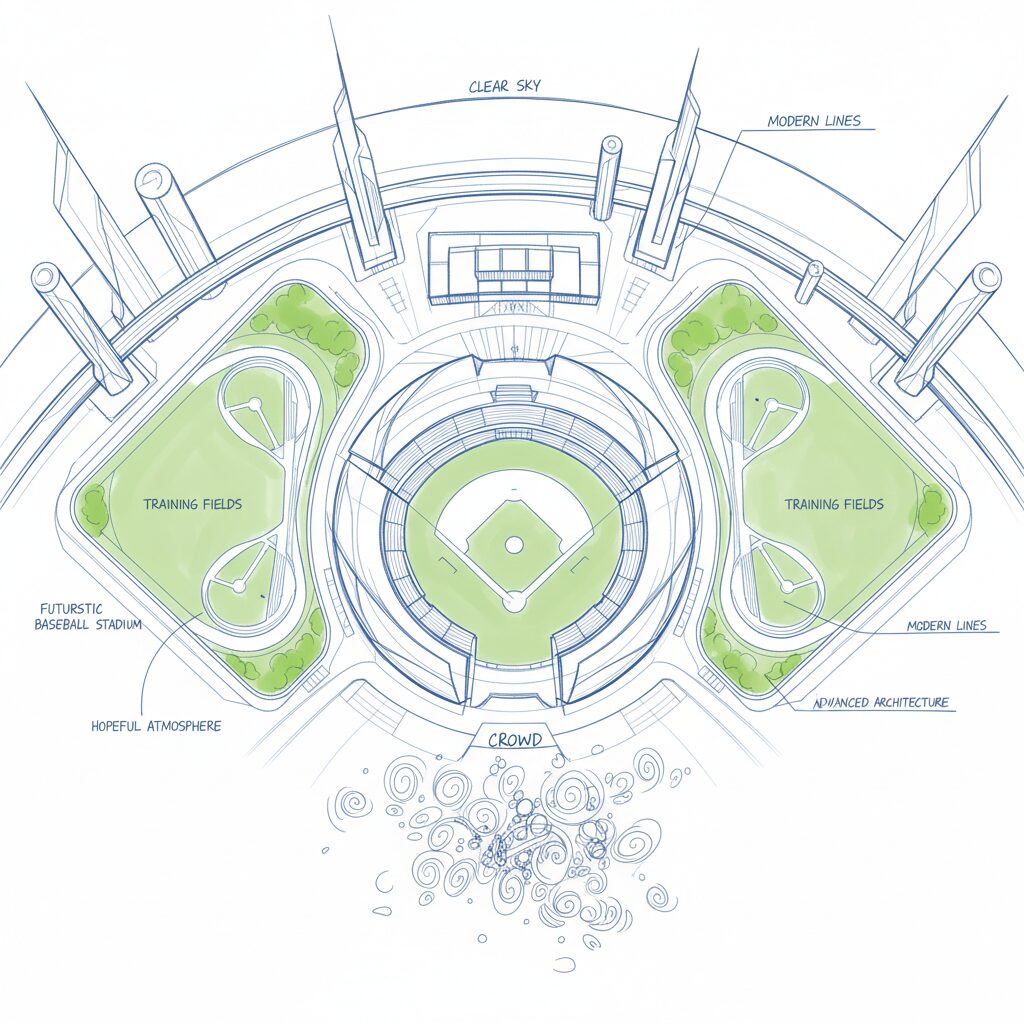 最新設備が整った未来的な野球場の鳥瞰図。周囲には緑豊かな練習場や選手寮が見え、手前には期待に満ちた野球ファンが集まっている。